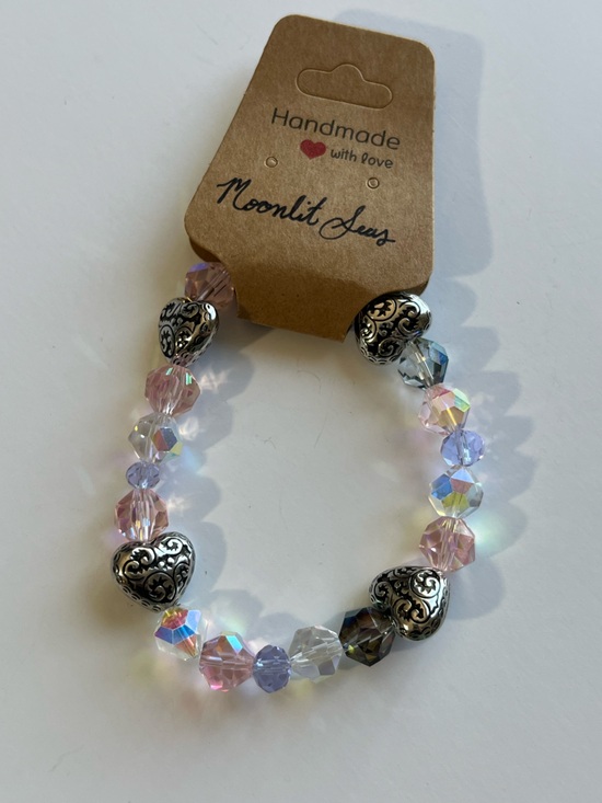 Moonlit Seas Jewelry - Iridescent Crystal Heart Stretch Bracelet - Pink & Silver Handcrafted